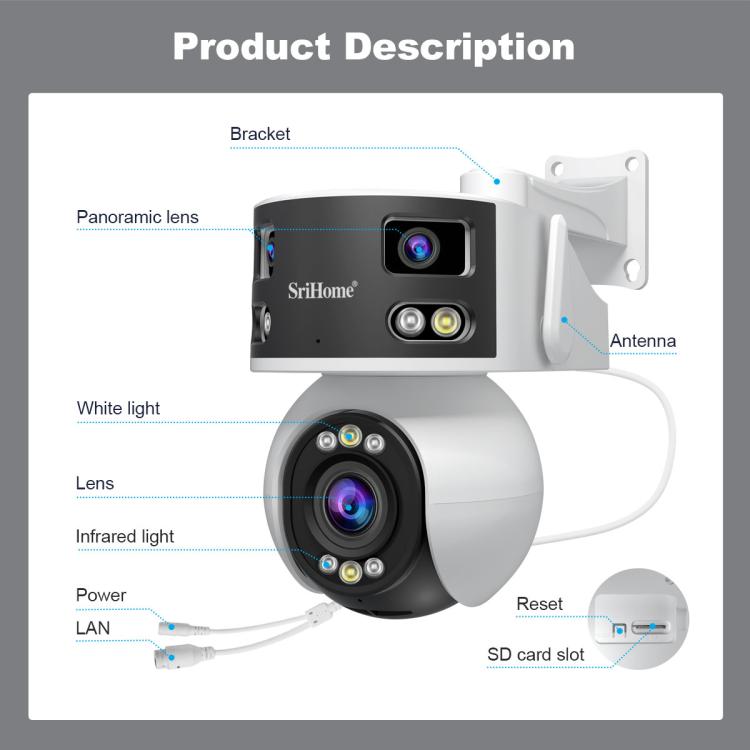 SriHome SH055B 8MP HD Multi-lens Super Wide Angle Panoramic PTZ Dome Camera SriHome SH055B 8MP HD Multi-lens Super Wide Angle Panoramic PTZ Dome Camera